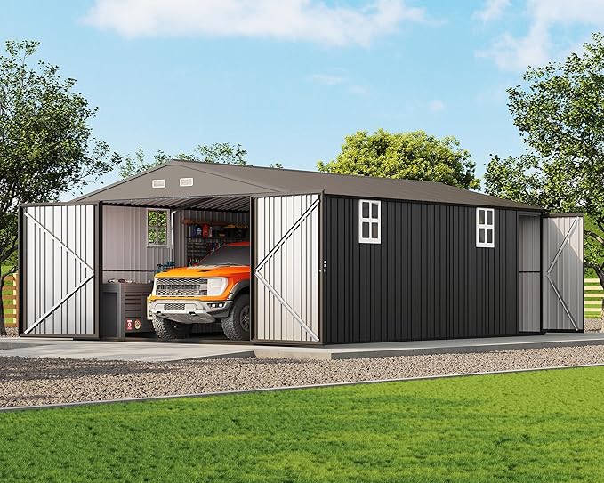 Jocisland 13.2x20.7x8 FT Heavy Duty Carport, Metal carport with 2 Lockable Doors & 4 Windows, Carport Canopy for for Truck, Car, Garbage Can, Tool, Lawnmower, Dark Gray