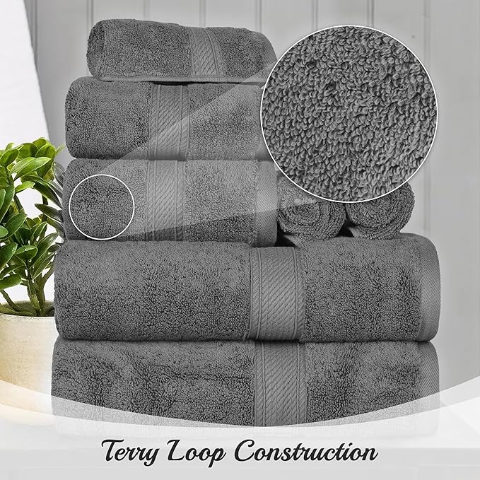 SUPERIOR Egyptian Cotton Pile Bath Towel Set of 4, Ultra Soft Luxury Towels, Thick Plush Essentials, Absorbent Heavyweight, Guest Bath, Hotel, Spa, Home Bathroom, Shower Basics, Charcoal