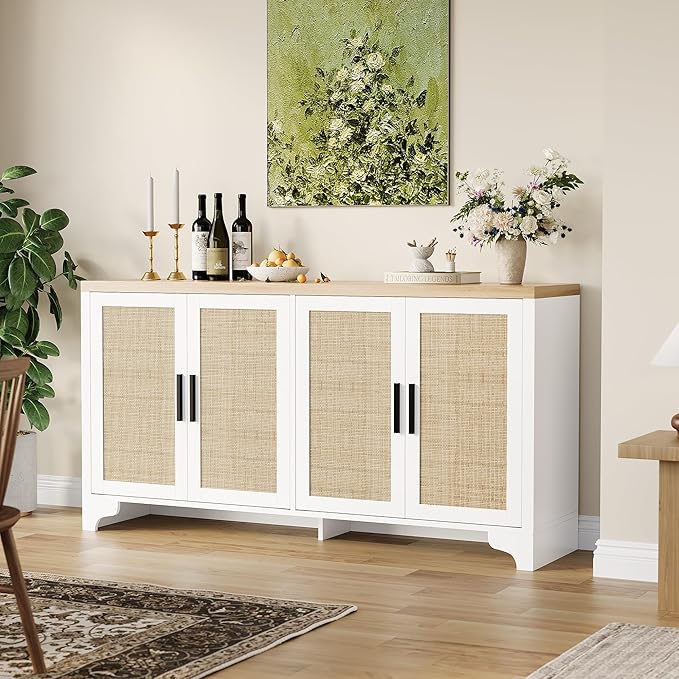 GAOMON TV Stand for TVs Up to 70'', Natural Rattan Entertainment Center with Storage Cabinets, Boho Media Console Table for Living Room, Farmhouse Cabinet, White