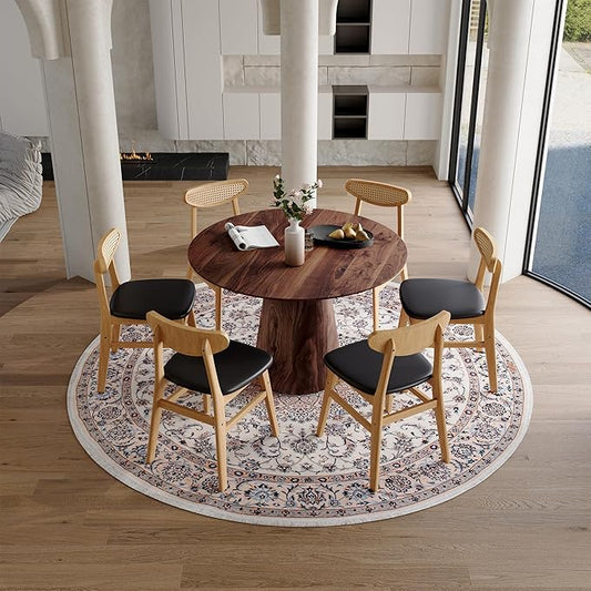 45 Inch Round Dining Table Set for 6, 7 Piece Kitchen Table and Chairs Set, Wooden Table with Walnut Finish, Small Space Dining Set for Apartment or Dining Room