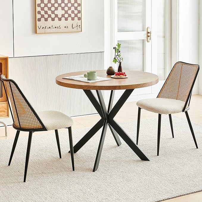 NORDICANA 3-Piece Wooden Dining Set, Space-Saving Round Table & Chair Set for Kitchen, Breakfast Nook, Rattan Wicker Dining Chairs with Boucle Seats - Beige