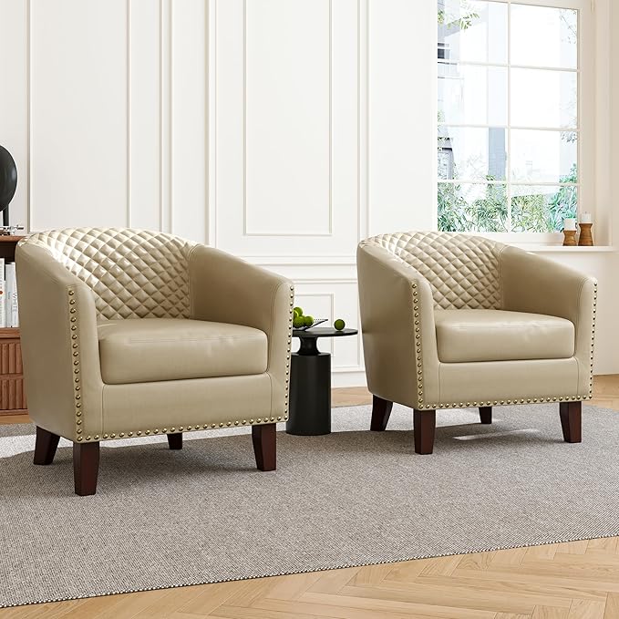 Accent Barrel Chair, Upholstered Faux Leather Club Chair with Nailed Trim, Comfy Reading Armchair for Living Room Bedroom Reception Room Office (Beige, Set of 2)