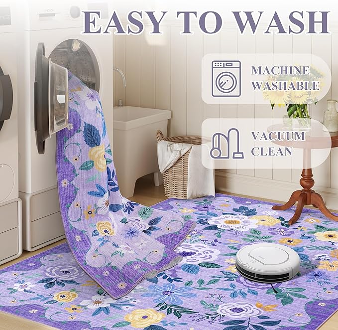 DUKINO 4x6 Area Rug, Lightweight Non Slip Washable Floral Rug, Indoor Low Pile & Non-Shedding Boho Design Rugs for Bedroom, Living Room, Dining Room, Purple