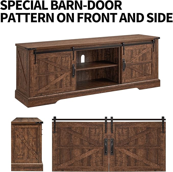 OKD Farmhouse TV Stand for 75 Inch TV, Rustic Entertainment Center w/Sliding Barn Door Wood Media Console Cabinet 66 Inch Long Television Stands for 70 Inch TVs, Reclaimed Barnwood Color