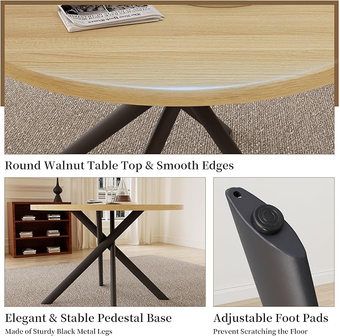 45.3'' Walnut Round Dining Table Set for 4, Mid Century Modern Small Coffee Set for Dining Room Kitchen Apartment (Cream Table + 4 White Chairs)