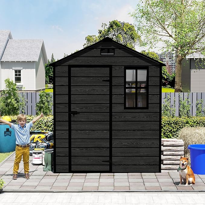 6x6 FT Outdoor Storage Resin Shed with Floor, Waterproof Plastic Garden Tool Shed with Windows, Vents & Lockable Door and Sloped Roof, Easy to Assemble Bike Shed for Patio, Backyard, Lawn, Black