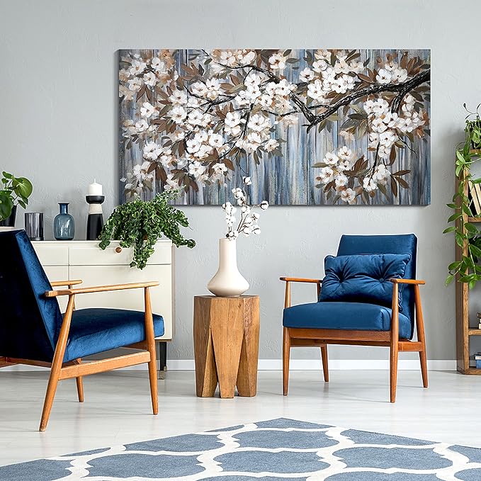 Large Canvas Wall Art for Living Room Wall Decor Abstract White Flower Tree with Gray Driftwood Picture Modern Framed Canvas Prints Artwork Ready to Hang for Bedroom Home Wall Decoration size 24x48