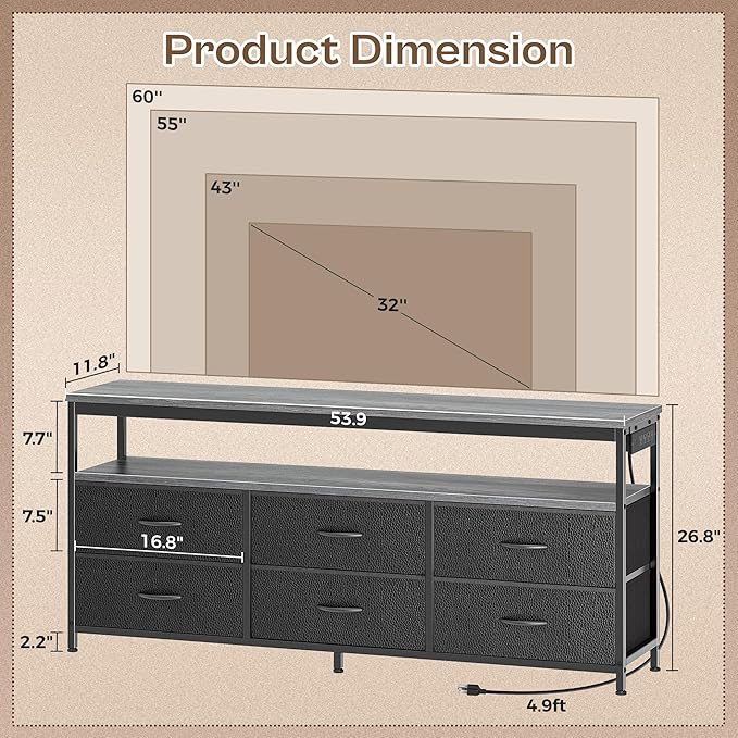 Huuger LED TV Stand for Bedroom, 55 Inch Fabric Dresser with Power Outlets, Entertainment Center for 60, 55, 50 Inch TV, 6 Drawer Dresser for Bedroom, Chest of Drawers with Shlef, PU Leather, Grey
