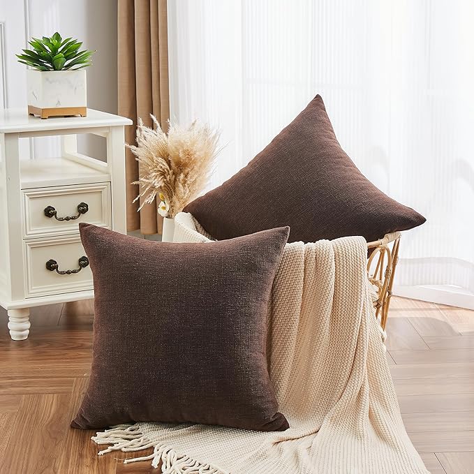 GAWAMAY Decorative Square 16x16 Inch Throw Pillow Covers Set of 2, Super Soft Chenille Pillows Farmhouse Fall Pillowcase for Living Room Bedroom Sofa Couch Cushion Cover Coffee 40x40cm (No Inserts)