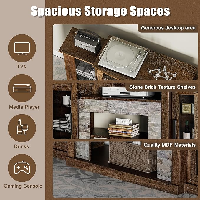 59 inch TV Stand, 32 inch Tall Entertainment Center with Printed Stone Texture, Farmhouse Console Table with Display Storage Cabinets for Living Room, Bedroom, Study, Rustic Brown