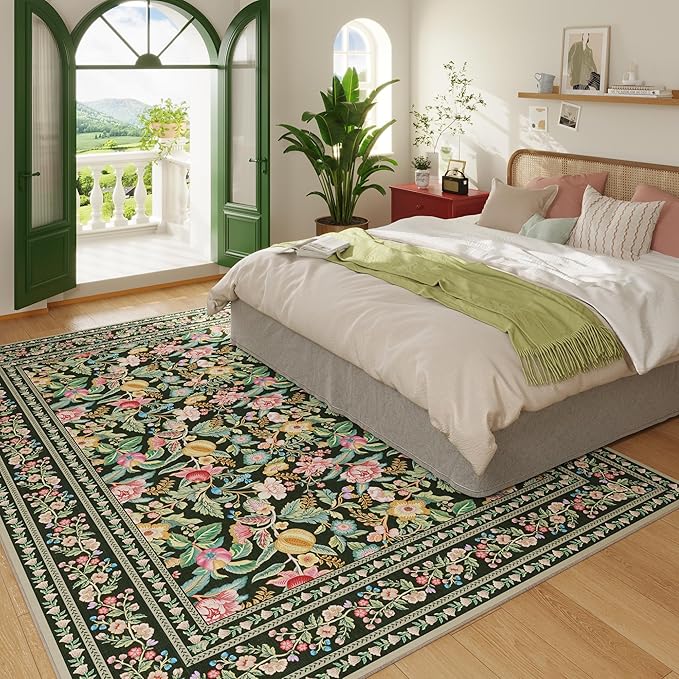5x7 Washable Rug Vintage Floral Area Rug Non Slip Low Pile Large Rugs for Living Room, Bedroom, Farmhouse, Dining Room, Kids Playroom, Green