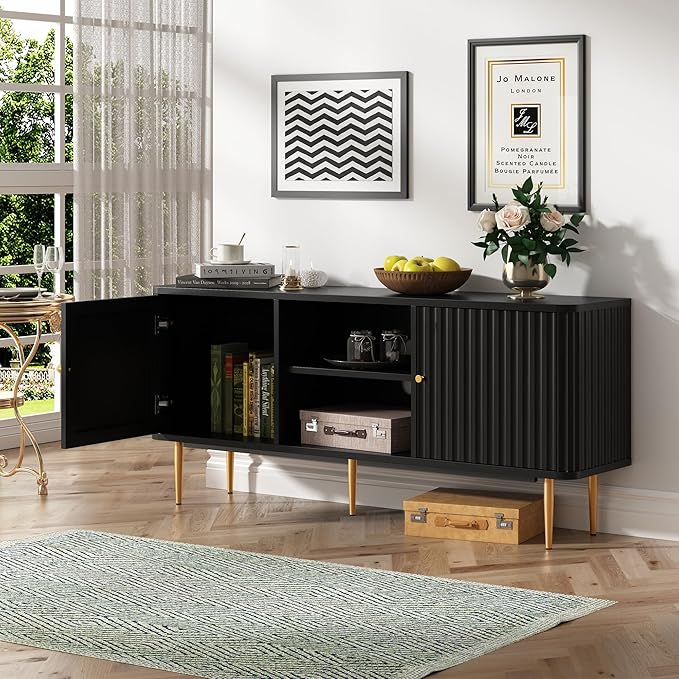 ARTPOWER 55” Fluted TV Stand, Mid Century Modern Black TV Stand for 55/60/65 inch TV, Entertainment Center with Storage, Television Stands, TV Console, Media Console for Living Room, Bedroom (Black)