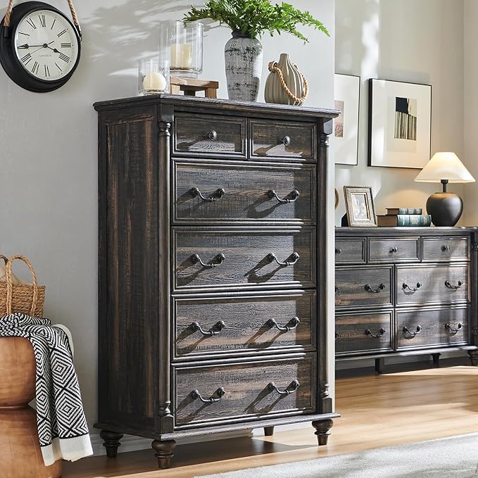 T4TREAM Farmhouse 6 Drawers Dresser Chests for Bedroom w/4 Solid Wood Feet & Column Decor, Tall Wood Country Rustic Chest of Drawers, Storage Dressers for Bedroom, Living Room, Dark Rustic Oak