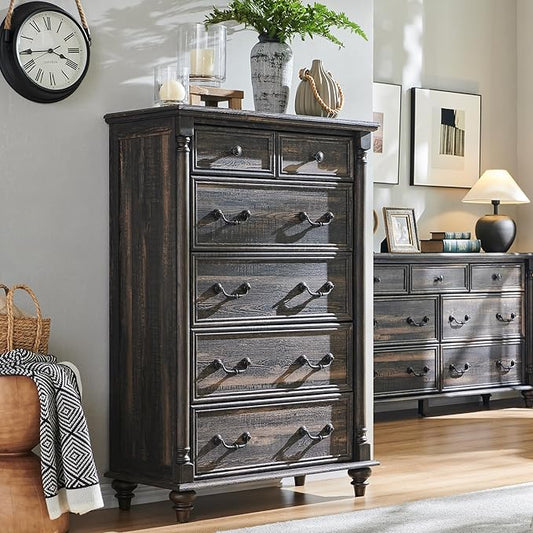 T4TREAM Farmhouse 6 Drawers Dresser Chests for Bedroom w/4 Solid Wood Feet & Column Decor, Tall Wood Country Rustic Chest of Drawers, Storage Dressers for Bedroom, Living Room, Dark Rustic Oak