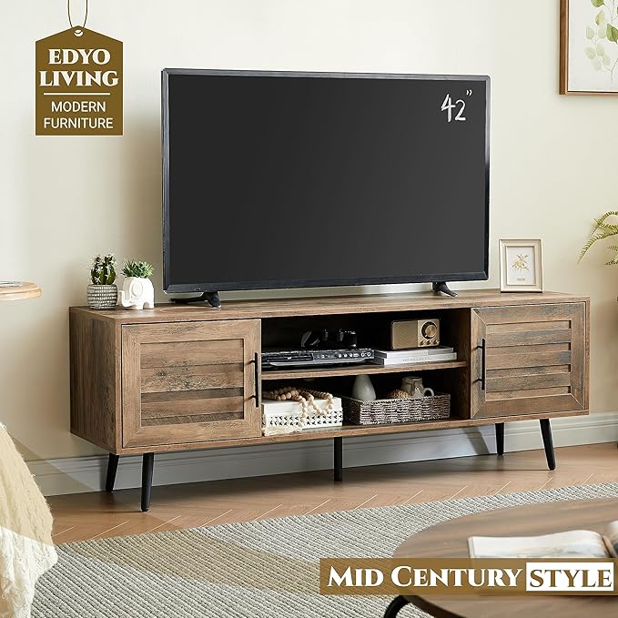 EDYO LIVING 65" Mid Century Modern TV Stand, Wood TV Stand with Storage Cabinet and Open Shelf for Televisions up to 65", Entertainment Center, TV Console Table for Living Room, Rustic Oak