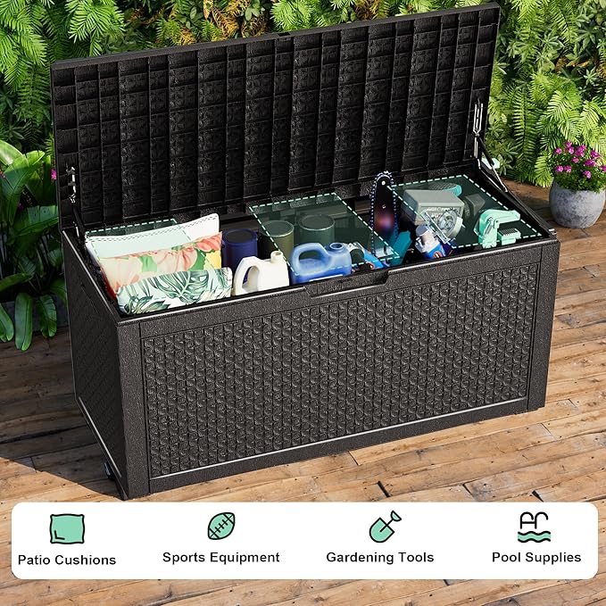 New 100 GallonOutdoor Storage Box,Resin Deck Boxes Waterproof, IndoorOutdoor Bin for Package Delivery, Patio Cushions, Gardening Tools, Lockable, UV Resistant