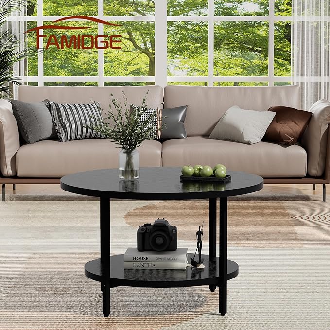 Coffee Table, 2 Tier Coffee Tables for Living Room, Round Coffee Table with Storage, Floor Table for Bedroom, Home Office, Black (27.6" D x 17.7" H)