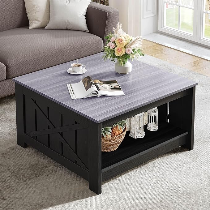 YITAHOME Farmhouse Coffee Table with Storage Rustic Wood Cocktail Table, Square Coffee Tables for Living Meeting Room with Half Open Storage Compartment, Grey and Black