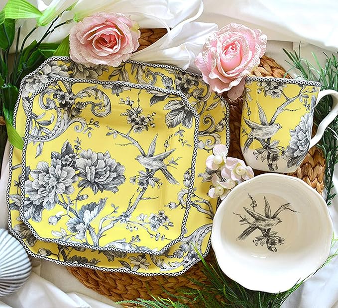222 Fifth Adelaide 16-Piece Square Floral Dinnerware Set – Service for 4,Yellow Porcelain Plates & Bowls, for Everyday Dining & Entertainment, Microwave & Dishwasher Safe, Chip Resistant
