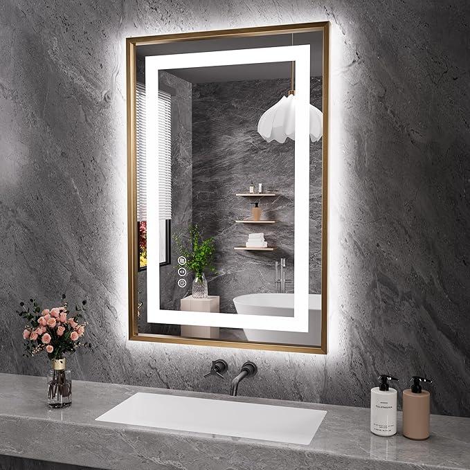Amorho 24"X36" Gold LED Bathroom Mirror, Metal Framed Mirror with Front Light and Backlit, Stepless Dimmable, Anti-Fog, Shatter-Proof, Memory, 3 Colors