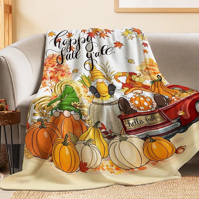 Fall Blanket, Fall Gnome Throw Blanket 50"X60", Autumn Decorations for Home Flannel Thanksgiving, Decorative, Cozy, Warm, Perfect for Bed, Couch, Movie Theater, Gift for Him or Her, Harvest Seasonal