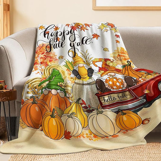 Fall Blanket, Fall Gnome Throw Blanket 50"X60", Autumn Decorations for Home Flannel Thanksgiving, Decorative, Cozy, Warm, Perfect for Bed, Couch, Movie Theater, Gift for Him or Her, Harvest Seasonal