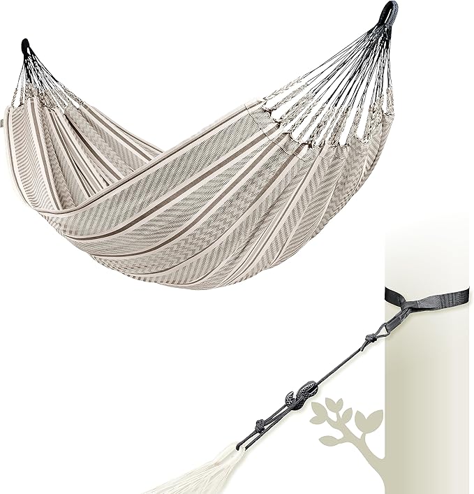 LA SIESTA Flora Classic Cotton Hammock & TreeMount - Indoor Outdoor Large Patio Bed With Tree Straps for Beams Posts, Portable Double 2 Person, Zebra