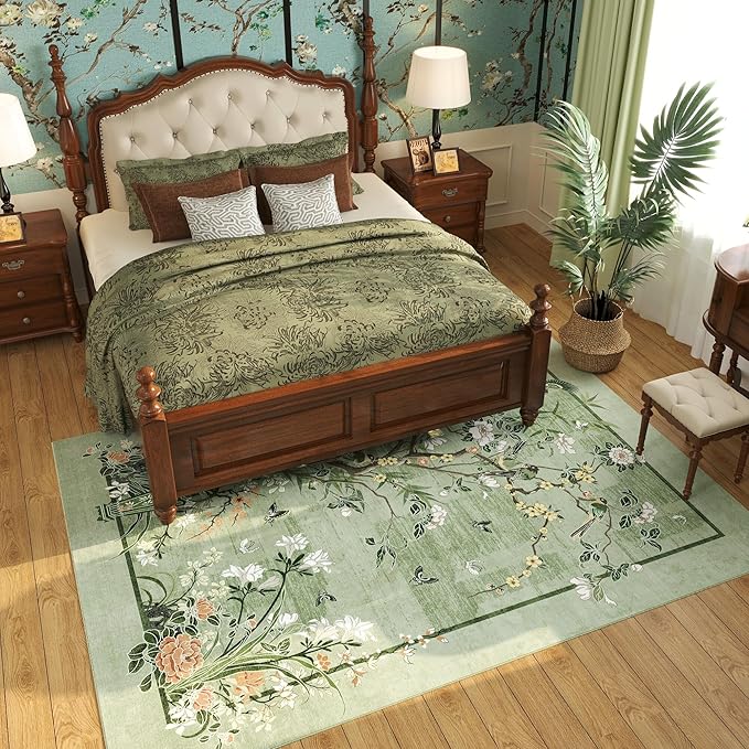 Area Rugs 8x10 Clearance Chinoiserie-Style Floral Vintage Machine Washable Non Slip Low Pile Large Rug for Bedroom, Farmhouse, Dining Room, Kids Playroom, Green