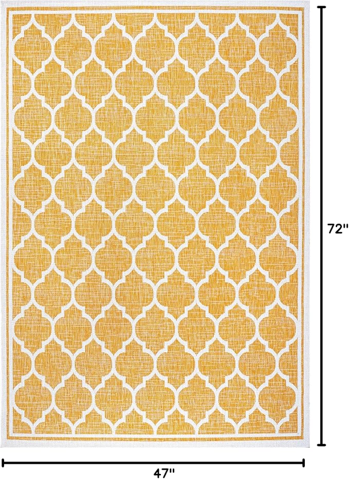 Eyely BMS109F-4 Santa Monica Trebol Moroccan Trellis Textured Weave Indoor/Outdoor Area Rug Coastal;Bohemian, Bedroom, Backyard, Patio, Easy-Cleaning, Non-Shedding, 4 X 6, Yellow/Cream