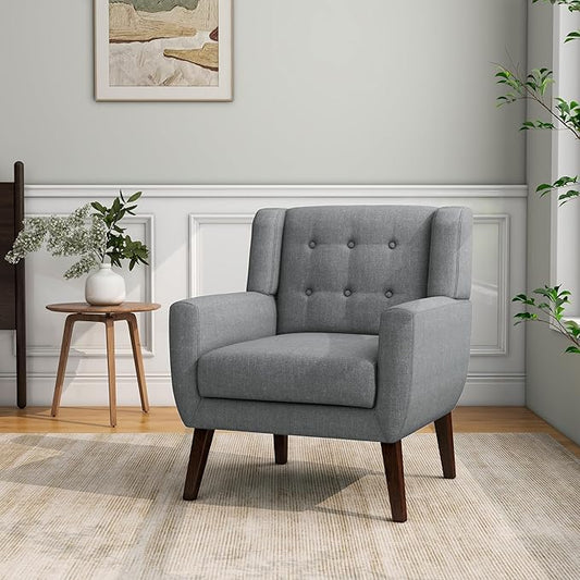 Accent Chair, Mid-Century Modern Fabric Chairs with Arms for Living Room, Comfy Upholstered Club Single Sofa Armchair for Bedroom Waiting Room with Solid Wood Frame (Fabric Grey, Set of 1)