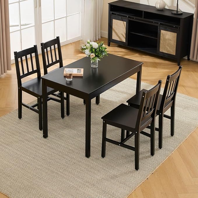 Dining Table Set for 4, 5 - Piece Kitchen Table Set 42.5 Inch Rectangular Dining Table with Chairs Solid Wood Dining Set for Kitchen/Dining Room,Home, Small Space, Apartment, Black