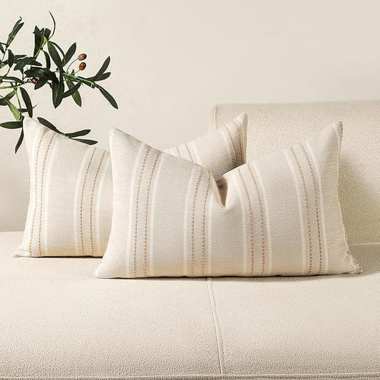 Hckot Throw Pillow Covers 12x20 Set of 2 Striped Pillow Covers Textured Linen Decorative Pillows Lumbar Cushion Covers for Sofa Couch Bed Living Room Farmhouse Decor, Khaki