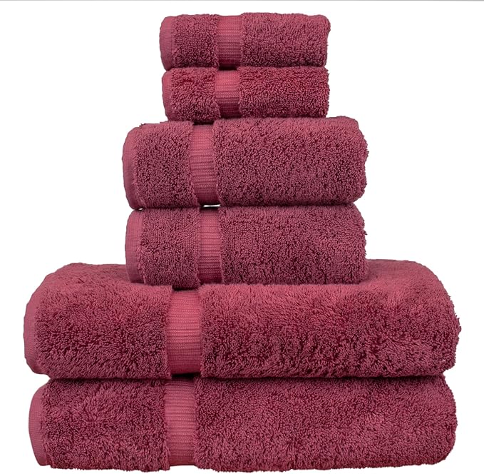 Luxury Hotel & Spa Quality, Quick Dry 100% Turkish Cotton, 700 GSM, Eco Friendly Towel, Bathroom and Kitchen Dobby Border Towels, 2-Bath Towel, 2-Hand Towel, 2-Washcloth (Bundle Set of 6, Cranberry)