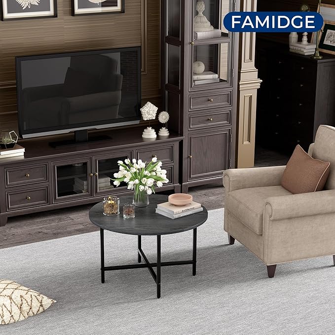 Round Coffee Table, 23.6" Small Coffee Tables for Living Room, Circle Coffee Table with Metal Frame, Floor Table Desk for Sitting on The Floor, Home, Office, Grey