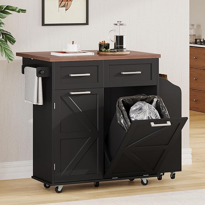 Farmhouse Kitchen Island with Drop Leaf & Wheels, 47.2" Rolling Kitchen Cart with Removable Side Racks, 2 Drawers, Towel Hooks & Trash Bin Cabinet for Small Space, Dining Room, Rustic Home Decor