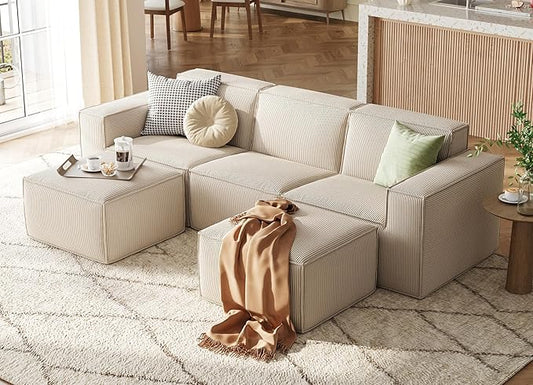LINSY HOME Oversized Modular Sectional Sofa, 105" Cloud Couch L Shaped 3-Seat Sofa with 2 Movable Ottomans, Corduroy Sectional Couches for Living Room, No Assembly Required, Beige