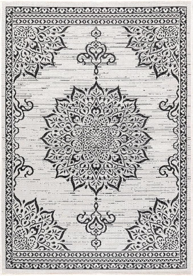 CAMILSON Outdoor Rug, 8x10 Medallion White Black Modern Area Rugs for Indoor and Outdoor Patios, Kitchen and Hallway Mats, Washable Porch Deck Outside Carpet (Medallion White, 8 x 10)