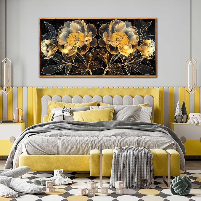 Abstract Flower Wall Art for Bedroom Women - Black and Gold Canvas Wall Art with Wooden Framed Size 29" x 59"