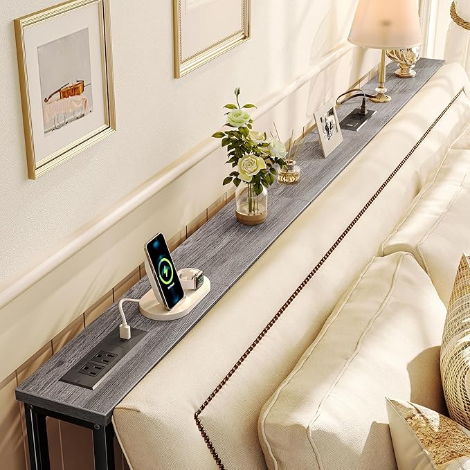 SUPERJARE 79 Inch Sofa Table with 2 Power Outlets and USB-C Ports, 5.9 Inch Narrow Console Table with Storage, Long Entryway Hallway Couch Table Behind Sofa, Small Spaces, Living Room, Grey