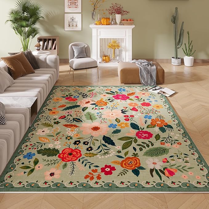 Area Rugs 9x12 Living Room Clearance Washable Boho Rug Non Slip Floral Vintage Low Pile Large Rug for Living Room, Bedroom, Farmhouse, Dining Room, Kids Playroom(Green)