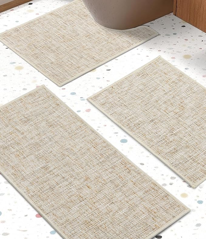 YIHOUSE Bathroom Rugs Sets 3 Pieces, Ultra Thin Non Slip Washable Bath Mat Sets, Absorbent Quick Dry Bath Mats for Bathroom Floor, Beige