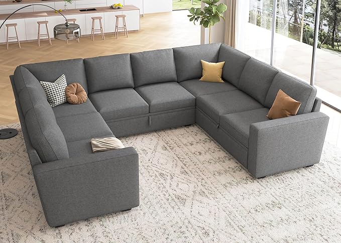 HONBAY Sleeper Sectional Couch with Pull Out Bed, Modular Sleeper Sofa with Storage, U Shaped Sectional Couches for Living Room, Dark Grey