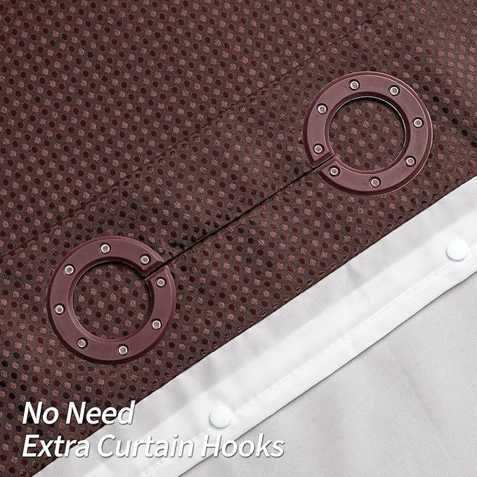 MitoVilla No Hooks Need Brown Waffle Shower Curtain with Snap-in Liner, Modern Waffle Weave Fabric Shower Curtains for Luxury Hotel Grade Spa-Like Bathroom Decor, Dark Brown, 72 x 74