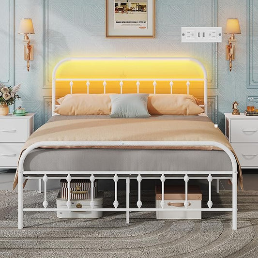 WLIVE Queen Bed Frame with Headboard, Bed Frame Queen Size with LED Lights and Charging Station, Metal Bed Frames with Storage, White