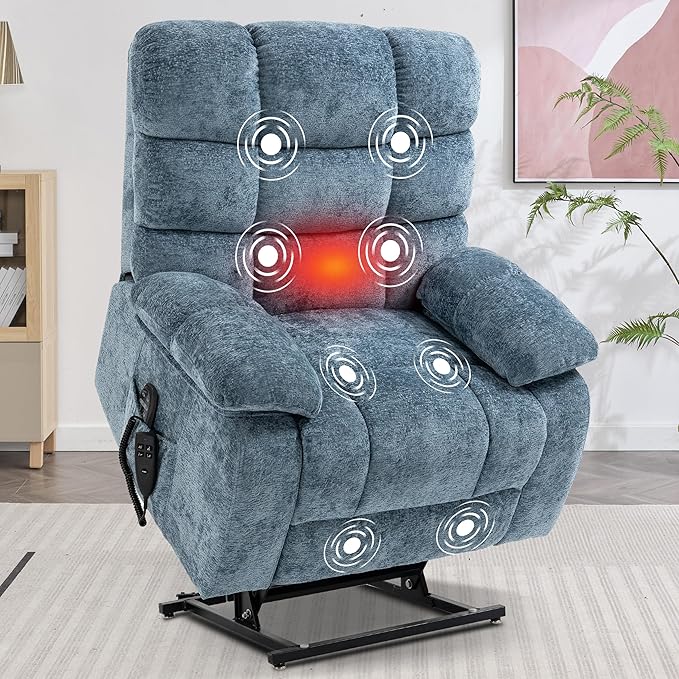 Lay Flat Recliner with Vibration Massage and Lumbar Heating, 26'' Wide Chair with Infinite Position and 2 Remote Controls, Soft Chenille Lift for Living Room, Grayish Blue