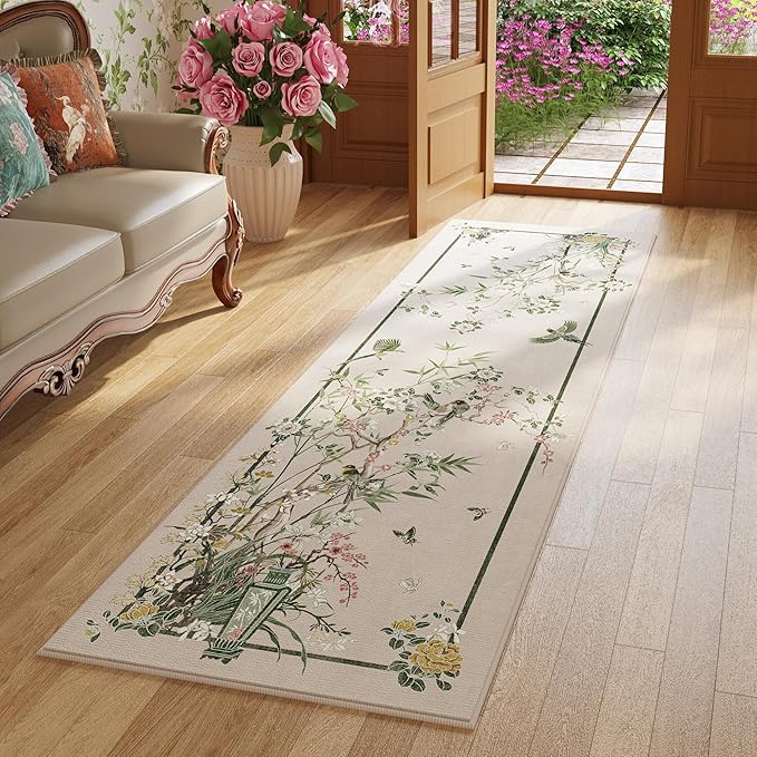 Runner Rug Chinoiserie-Style Floral Vintage Kitchen Rugs Non Slip Washable with Rubber Backing Soft Carpet for Laundry, Bedroom, Bathroom, Beige