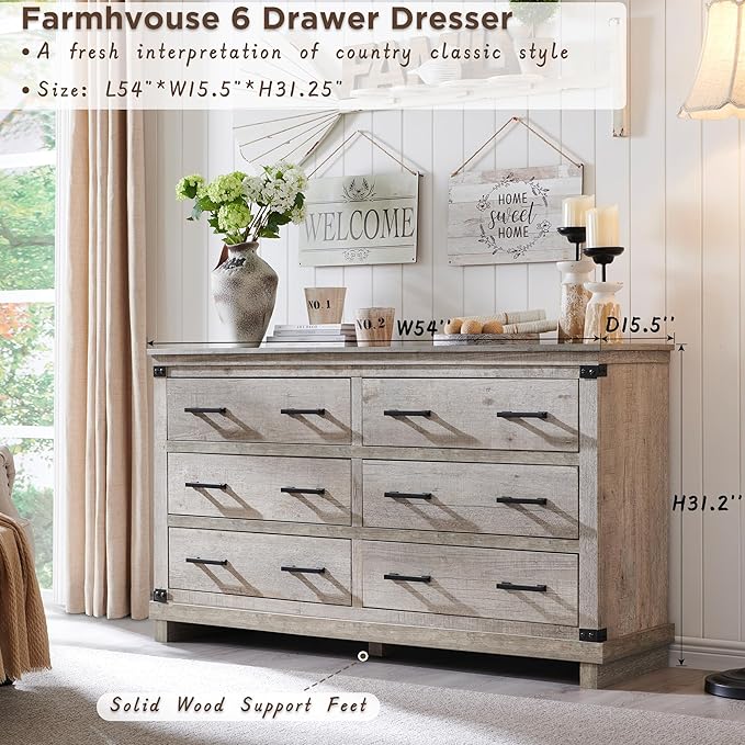 Farmhouse 6 Drawers Dresser for Bedroom, Large Chest of Drawers with Thick Plank Styling, Wood Rustic Closet Dresser for Bedroom, Living Room, Light Rustic Oak Color