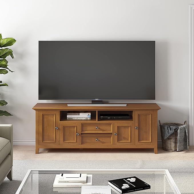 SIMPLIHOME Amherst 72-inch Wide Solid Wood TV Stand in Light Golden Brown, Transitional-Style Media Console for Living Room with Cable Management and Adjustable Shelves, Fits 80" TVs