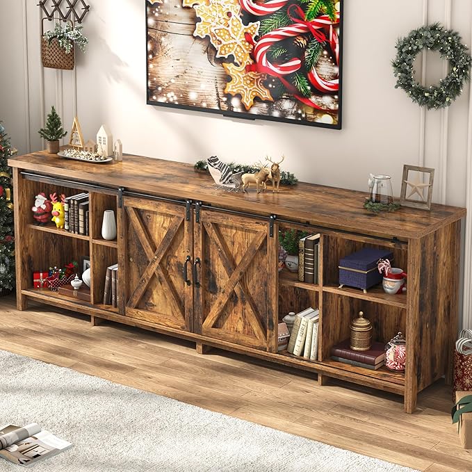 Farmhouse TV Stand for 90 Inch TV with Sliding Barn Door, Rustic Wood Entertainment Center Large Media Console Cabinet Long Television Stands,Console Table and Media Furniture for Living Room(Brown)