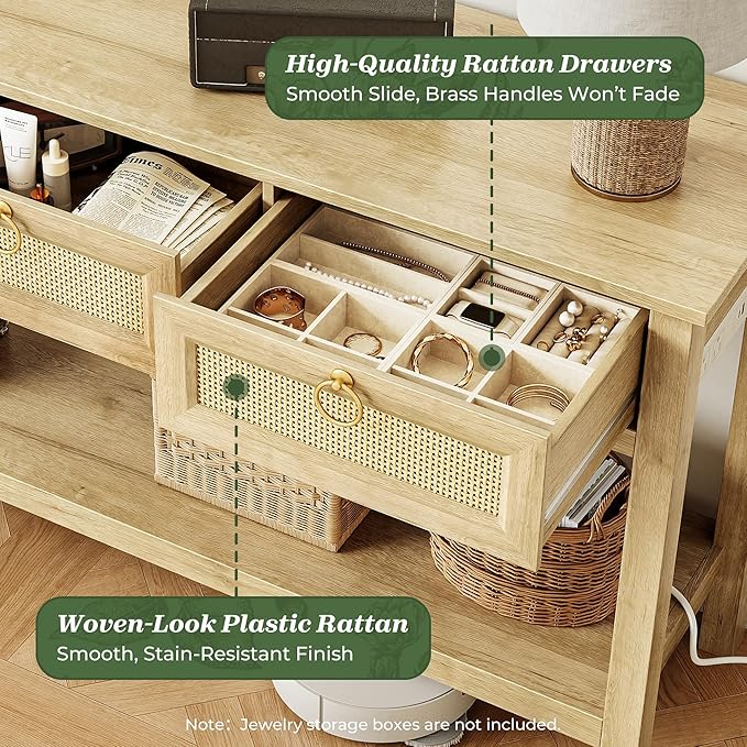 SUPERJARE Rattan Console Sofa Table with Outlets and USB-C Port, 3 Drawer Entryway Table with Synthetic Rattan Surface, Open Shelf, Behind Couch Entry Foyer Hallway Storage, Natural